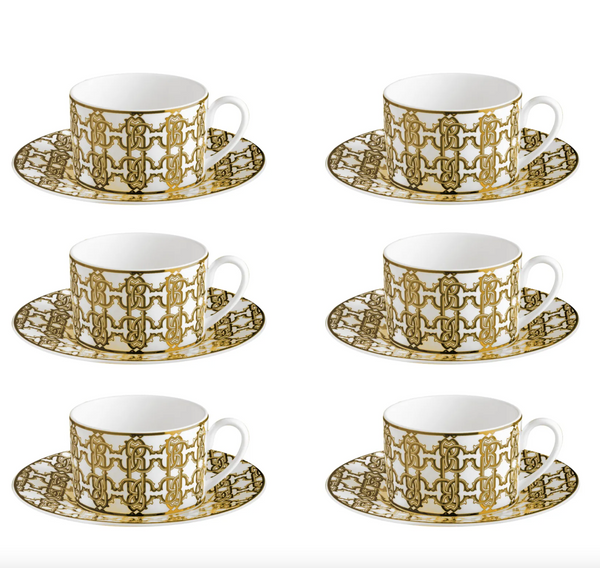 Zestaw sześciu filiżanek do herbaty Roberto Cavalli, z kolekcji Monogram Gold