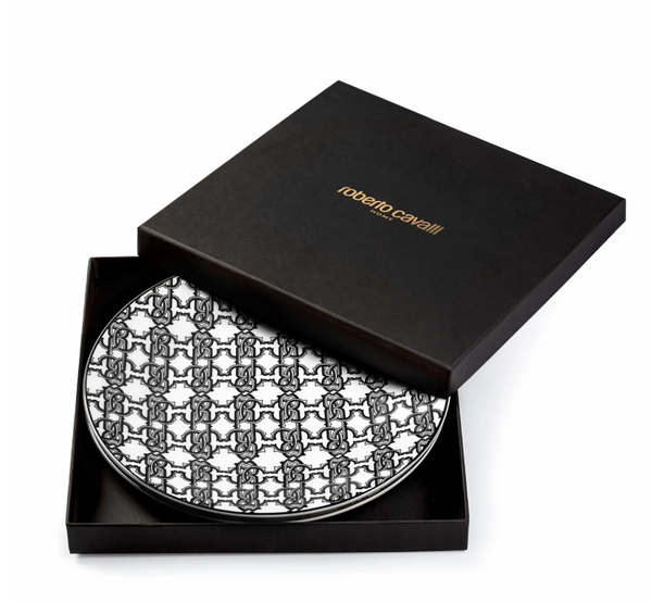 Set of six Roberto Cavalli Home dessert plates from the Monogram Black collection