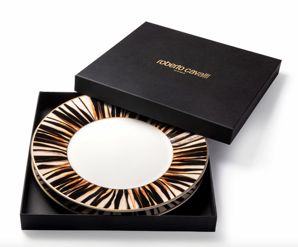 Set of six Roberto Cavalli Home dinner plates from the Ray of Gold collection