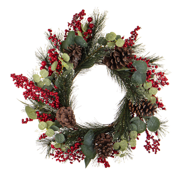 Christmas wreath with hawthorn berries and pine cones