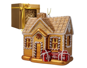 Christmas ornament – a golden house filled with gifts