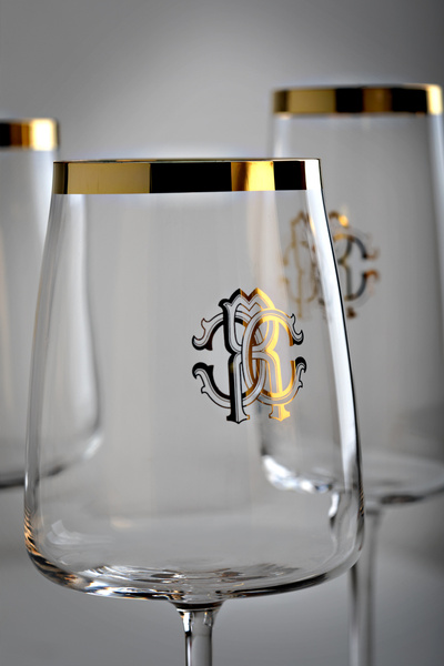 Roberto Cavalli Home crystal champagne glass, from the Monogram Gold collection