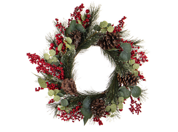 Christmas wreath with hawthorn berries and pine cones