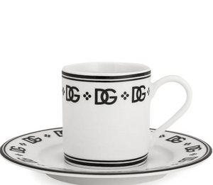 A set of two porcelain espresso cups and saucers by Dolce & Gabbana, DG Logo