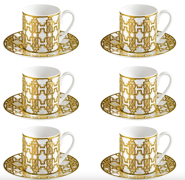 Zestaw sześciu filiżanek do kawy Roberto Cavalli, z kolekcji Monogram Gold