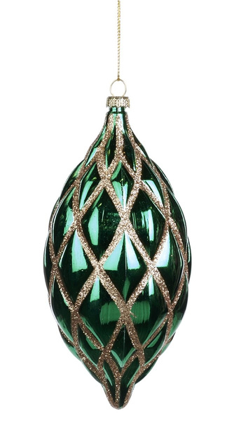 Christmas ornament-Green oblong bauble with gold glitter