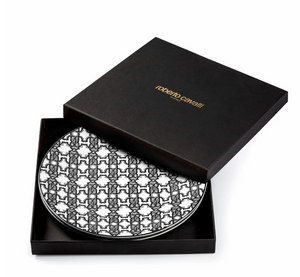 Set of six Roberto Cavalli Home dessert plates from the Monogram Black collection