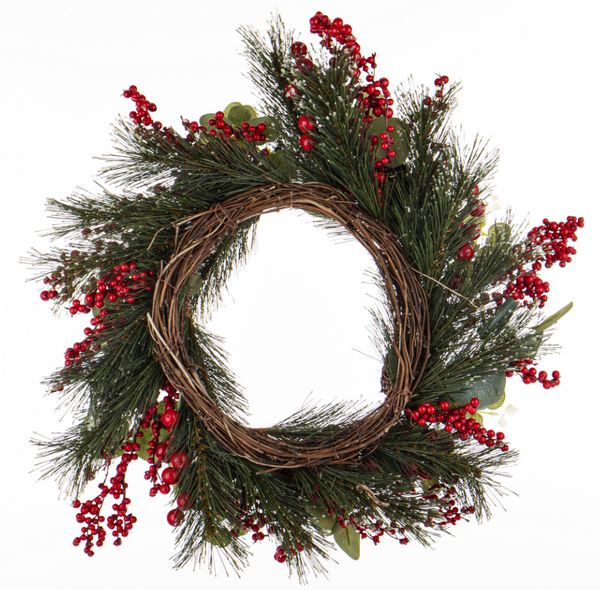 Christmas wreath with hawthorn berries and pine cones