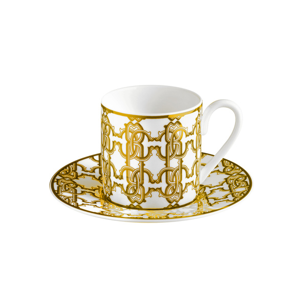 Zestaw dwóch filiżanek do kawy marki Roberto Cavalli Home, z kolekcji Monogram Gold