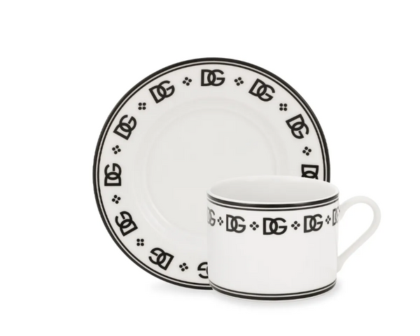 Zestaw dwóch porcelanowych filiżanek ze spodkami do cappuccino Dolce&Gabbana, DG Logo