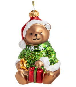 Ozdoba świąteczna - miś w zielonym stroju z prezentem