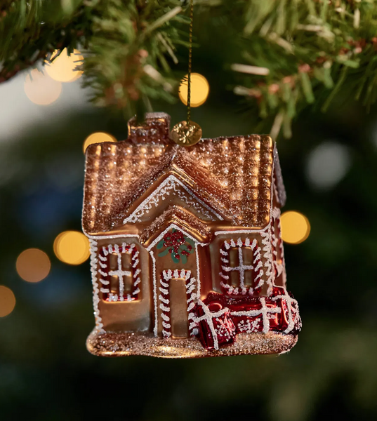 Christmas ornament – a golden house filled with gifts