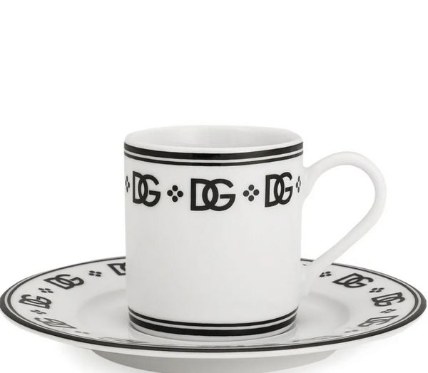 A set of two porcelain espresso cups and saucers by Dolce & Gabbana, DG Logo