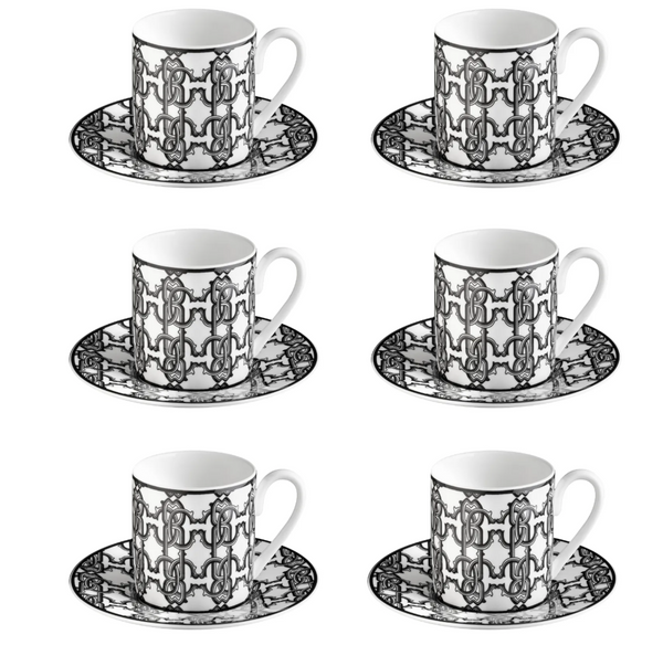 Set of six Roberto Cavalli Home coffee cups from the Monogram Black collection