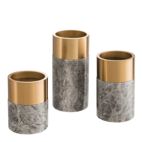 Set of three Eichholtz candlesticks combines gray marble