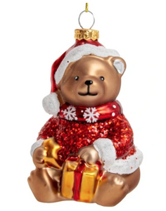 Ozdoba świąteczna - miś w czerwonym stroju z prezentem