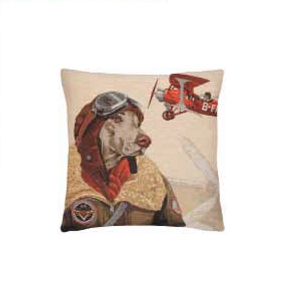 Decorative pillow with embroidered likeness of a dog in aviator costume