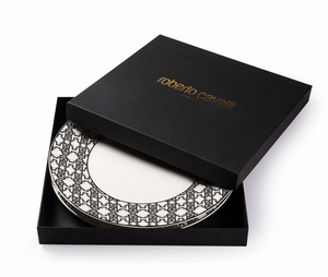 Set of six Roberto Cavalli Home dinner plates from the Monogram Black collection