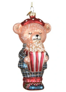 Christmas ornament - a teddy bear with a bucket of popcorn