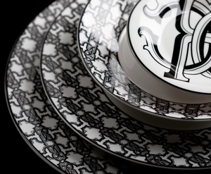 Set of six Roberto Cavalli Home dinner plates from the Monogram Black collection