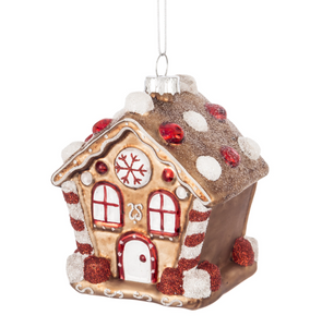 Christmas ornament – ​​a house with red and white glitter decorations