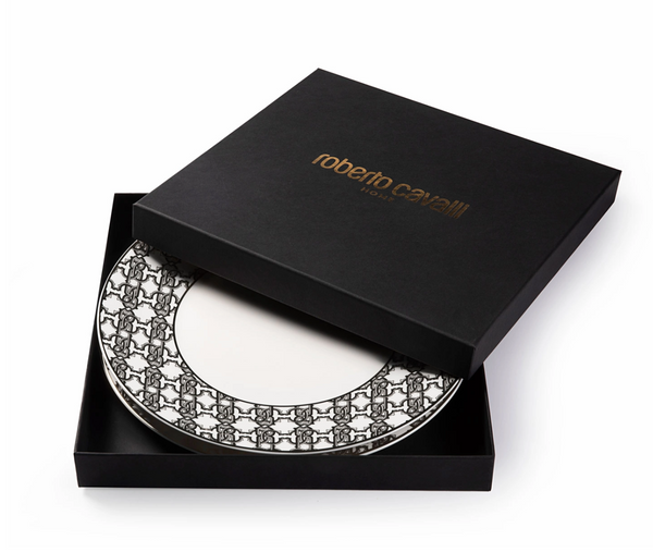 Set of six Roberto Cavalli Home dinner plates from the Monogram Black collection