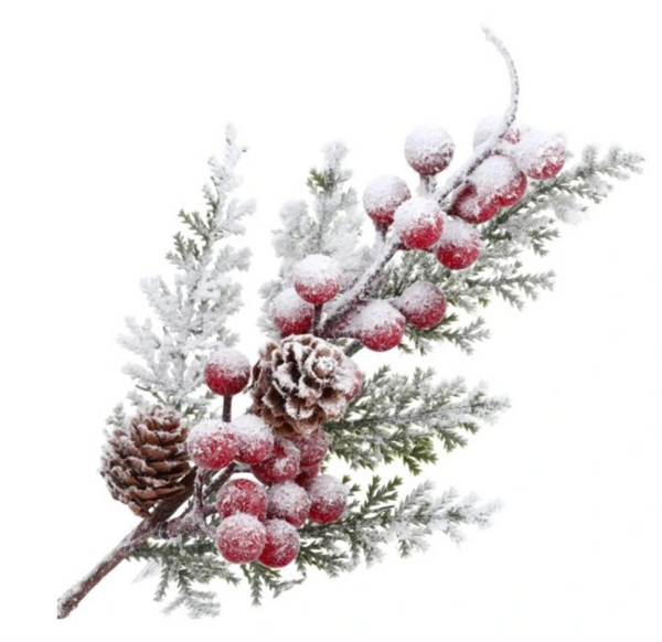 Ozdoba świąteczna - gałązką z ośnieżoną jarzębiną i szyszkami
