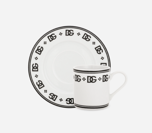 A set of two porcelain espresso cups and saucers by Dolce & Gabbana, DG Logo